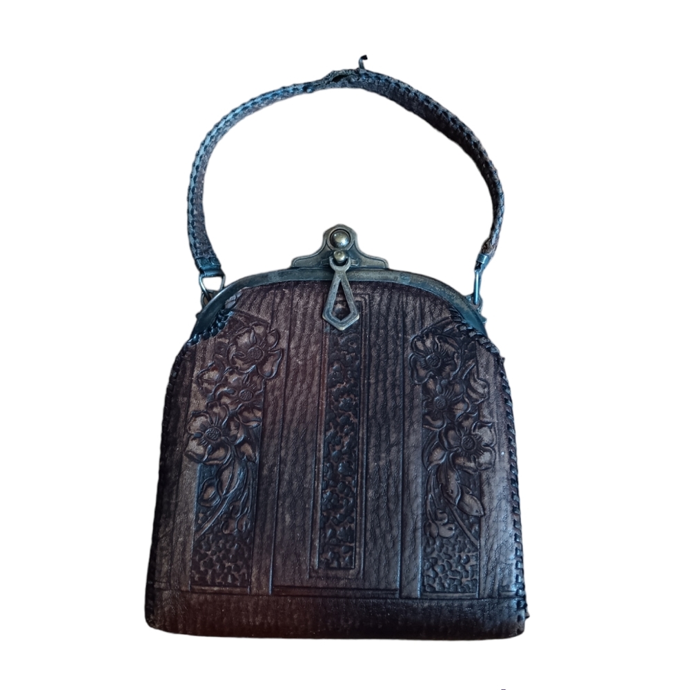 Vintage Hand Tooled Leather Purse Metal Clasp Early 1900s Floral Fan Design